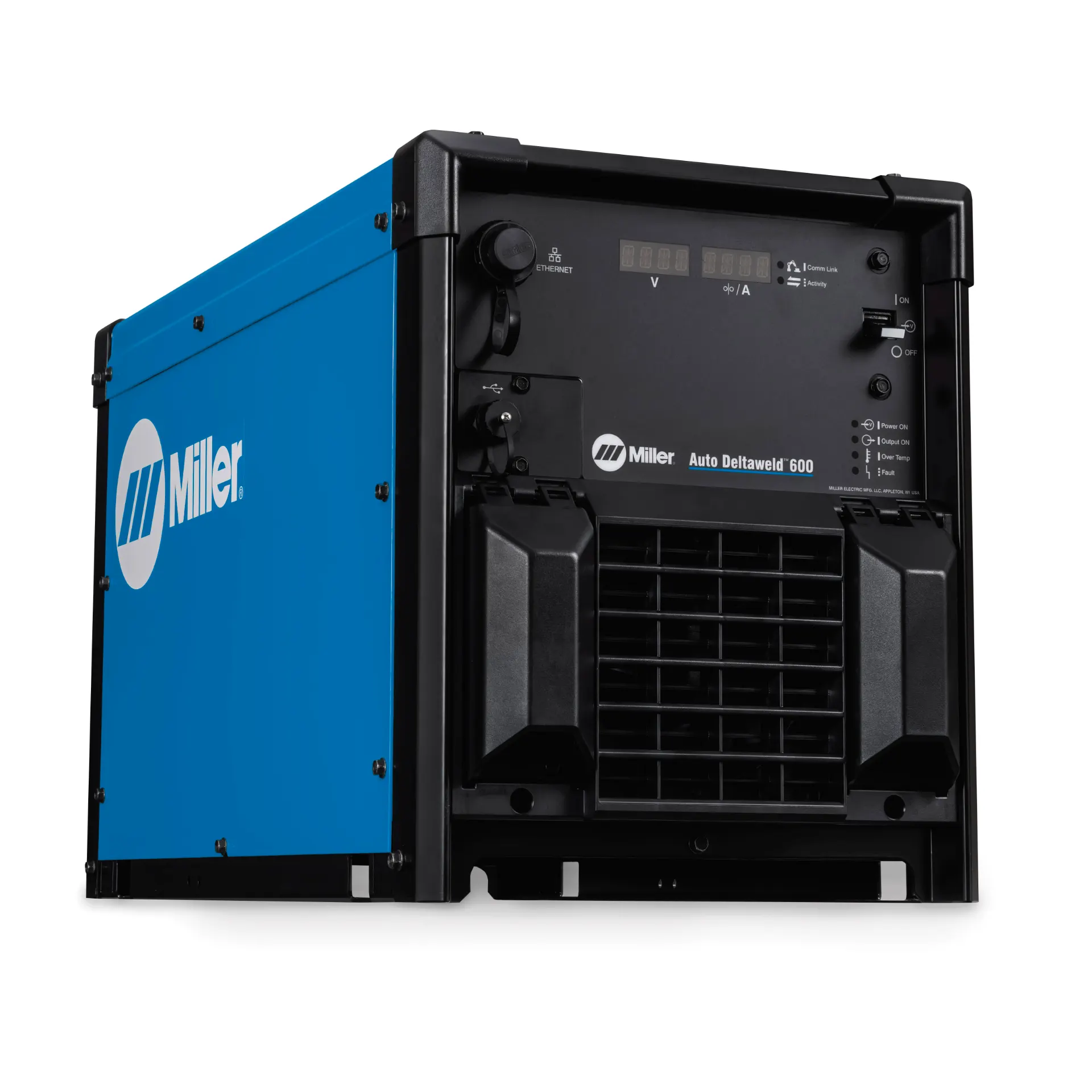 Miller Auto Deltaweld 600: máquina de solda com design compacto azul e preto, vista frontal aberta, painel de controle e sistema de ventilação interno