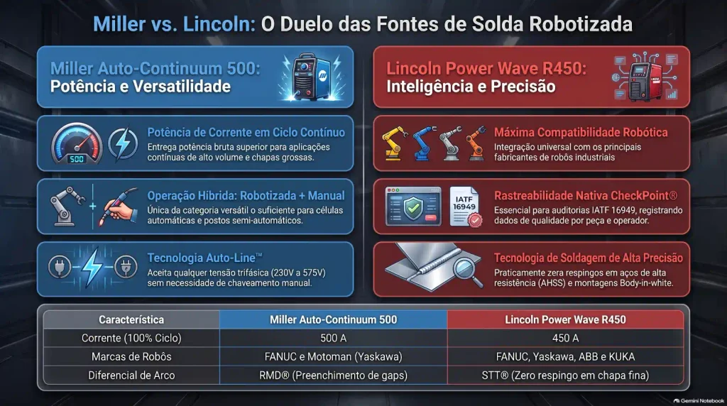 Comparativo de solda robotizada: Miller Auto-Continuum 500 vs Lincoln Power Wave R450, com destaque para potência, inteligência, compatibilidade com robôs e tecnologia de rastreabilidade