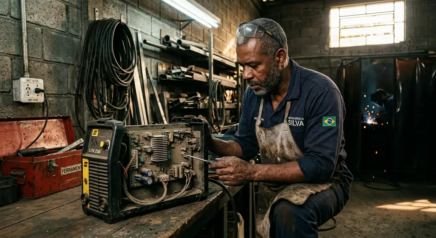 tecnico-ajustando-maquina-de-solda-desarmando-em-oficina Técnico em oficina mecânica ajustando e inspecionando uma maquina de solda desarmando o equipamento aberto, com ferramentas e cabos ao redor, preparando para manutenção.