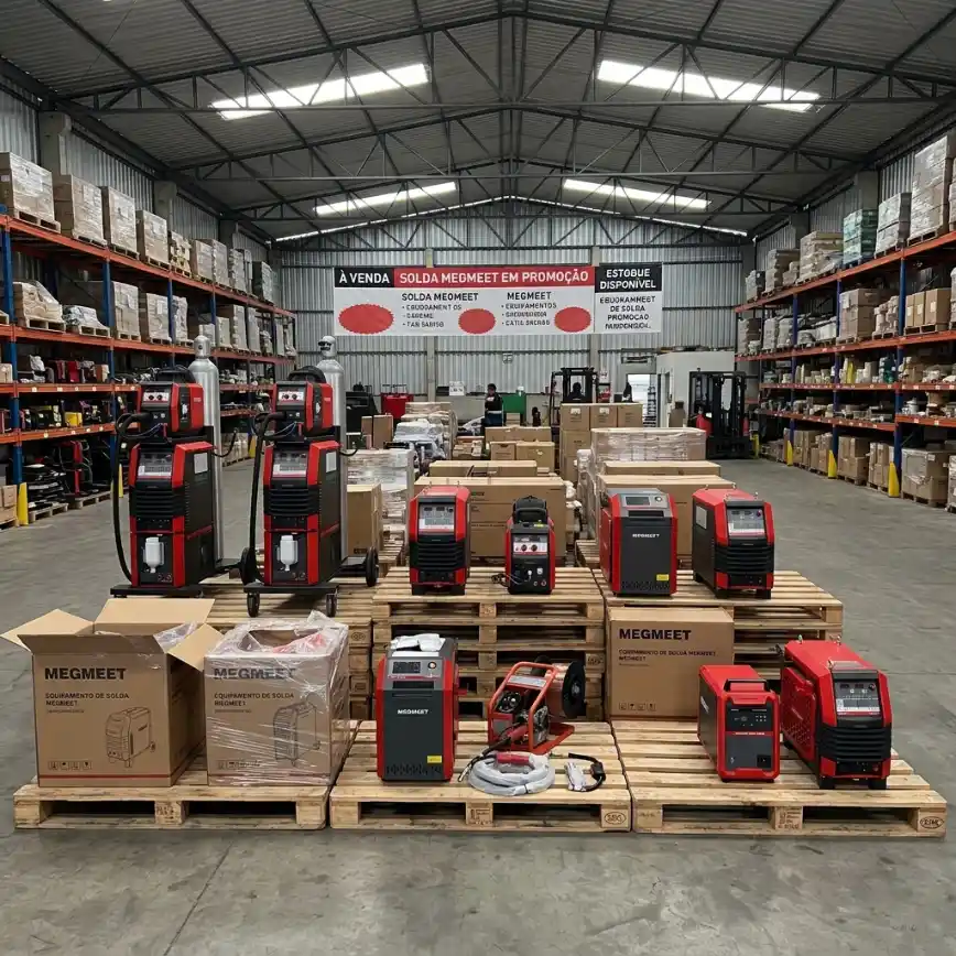 fonte de solda megmeet melhor preço campinas: Vista de equipamentos de solda da marca MEGMEET em um galpão industrial, com máquinas em paletes e caixas de materiais ao fundo, em promoção.